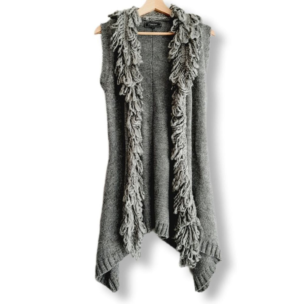 MINKAS Loop Fringe Collar Open Front Knit Vest Cardigan Sz M